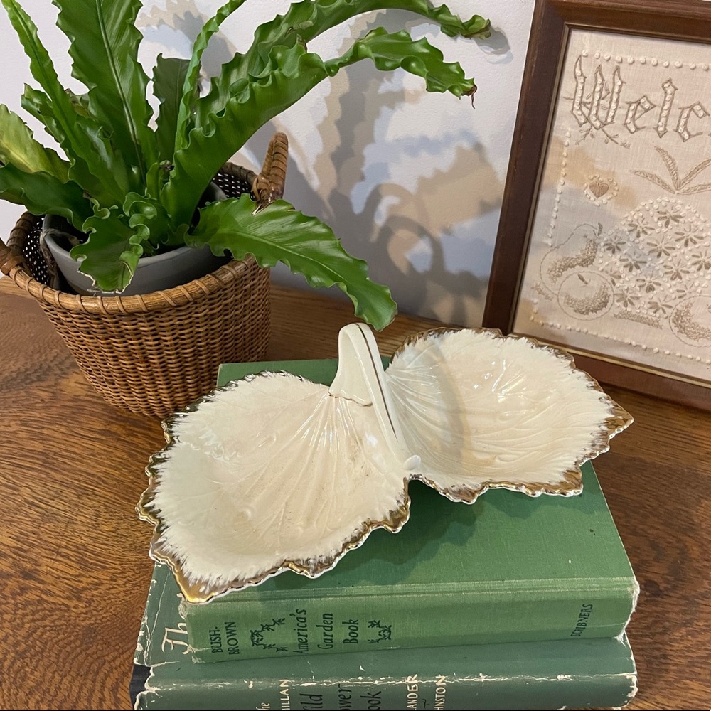 Vintage Boho MCM Ivory Leaf candy trinket dish with gold trim